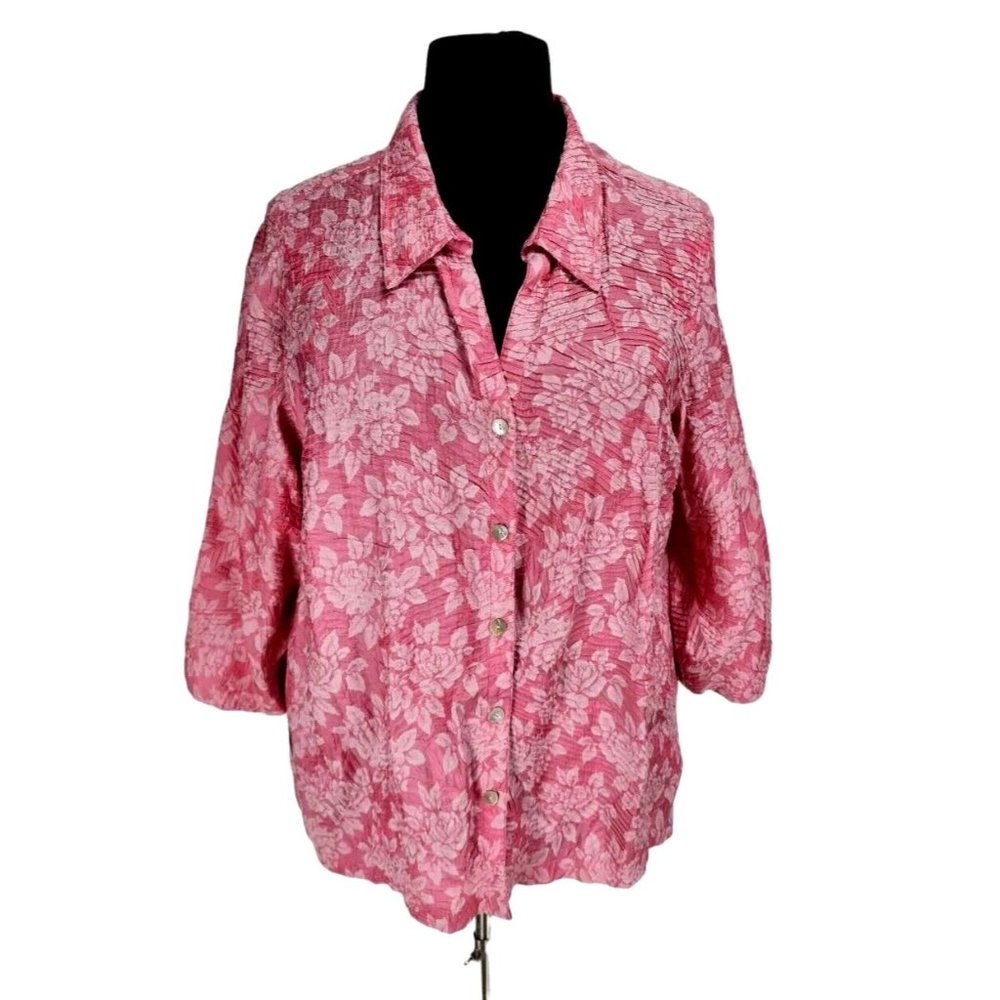 SCOTT TAYLOR Womens Button Up Top Plus Size 3X Floral Pink Crinkle Texture  107A
